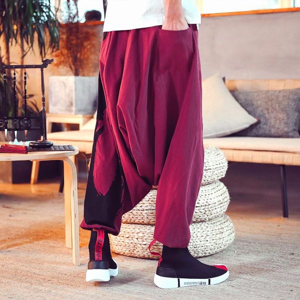 

men's pants cross linen hip hop japanese trousers mens urban streetwear plus size men workwear traditional chinese clothing for male, Black