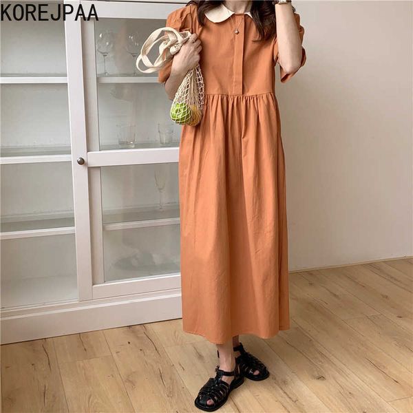 Korejpaa mulheres vestido verão coreano chique francês cor retrô combinando boneca colar solta ruffled slimming slimming slow sleeve varredos 210526