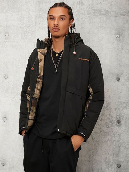 

men camo print slogan embroidered drawstring hooded winter coat v2p5#, Black;brown