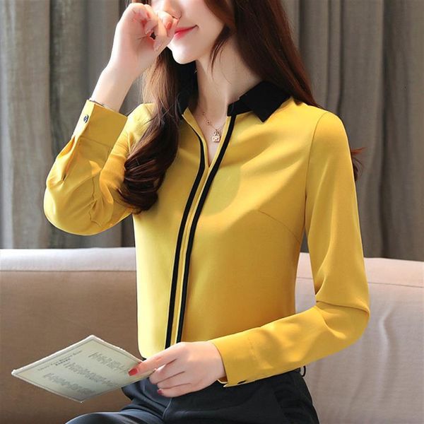 

blusas mujer de moda women shirt and long sleeve solid chiffon blouse white v neck 0183