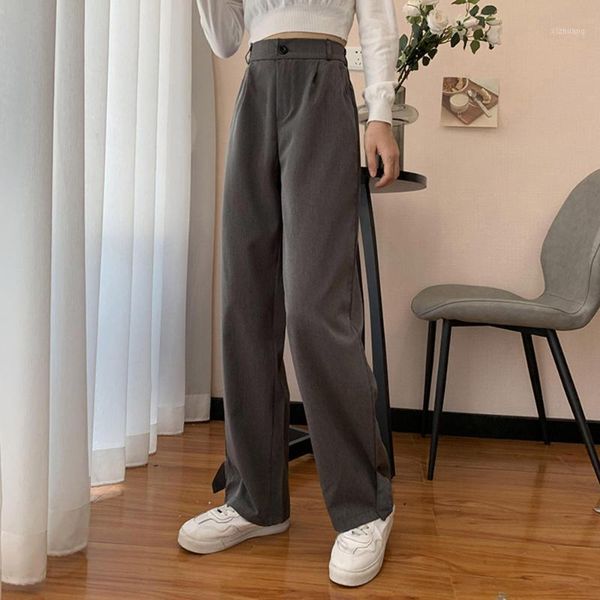 

women's pants & capris wide leg women casual loose button chic fashion solid black gray female slim office trousers streetwear high wai, Black;white