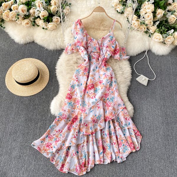

beach dress summer female hollow strapless strap design irregular ruffle print ruffles chiffon elegant 210420, Black;gray