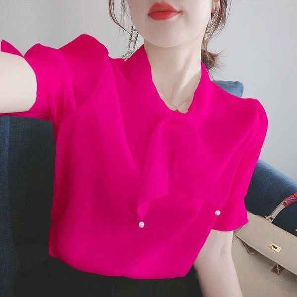 

women's blouses & shirts blouse women shirt short-sleeved chiffon 2021 spring and summer loose bow blusas mujer de moda, White