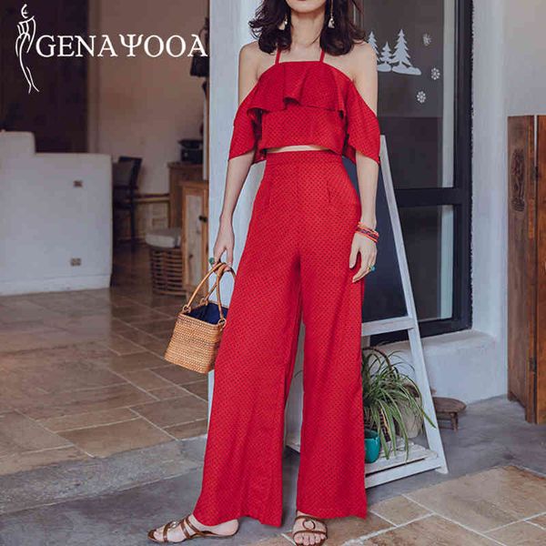 

genayooa summer 2 women boho two piece and pants sleeveless camis beach suits casual female set 210417, White