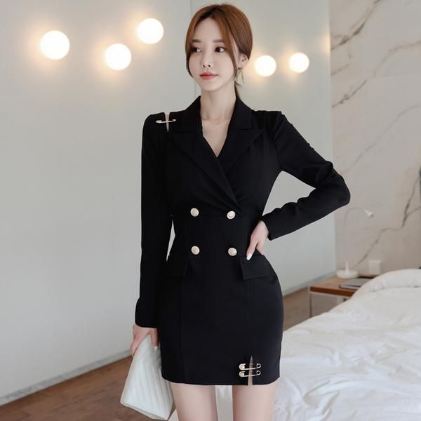 

casual dresses vintage autumn notched double breasted elegant women's office blazer pencil full sleeve bodycon ladies work mini dress, Black;gray