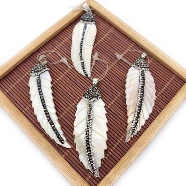 

charms natural freshwater leaf-shaped mother-of-pearl with diamonds carved white pendant ladies gift jewelry making necklace earrings, Bronze;silver