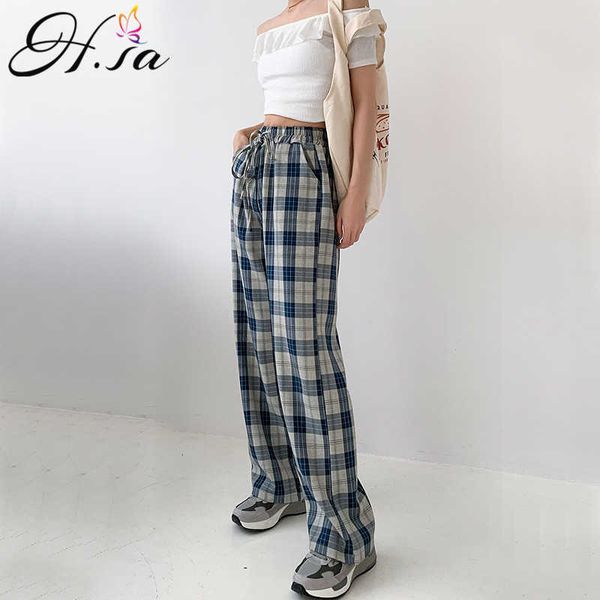 

h.sa wide leg pants women long floor trousers elestic tie waist plaid loose wide leg trouser retro streetwear straight trousers 210716, Black;white