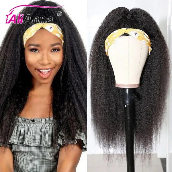 

kinky straight headband wig human hair wigs brazilian remy scarf for women alianna made with headband1, Black;brown