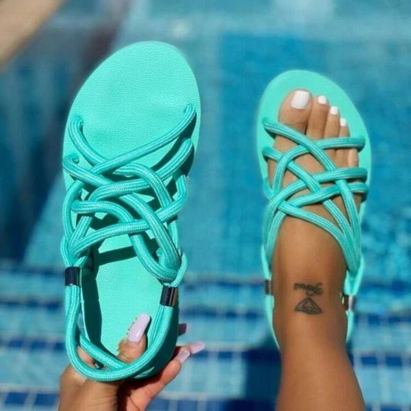 

sandals large size women 2021 summer flat women's shoes rope set foot beach outdoor all-match casual slippers, Black