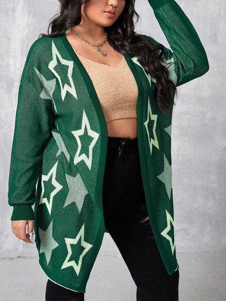 

plus star pattern drop shoulder open front cardigan k9sn#, Black