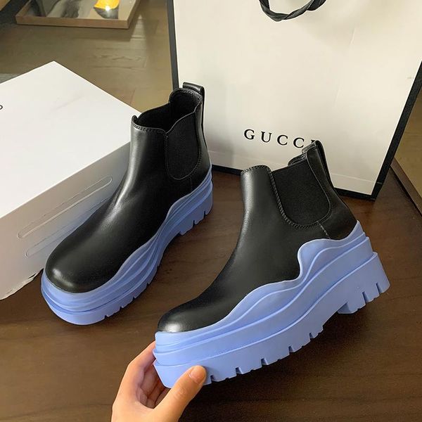 

boots women genuine leather 2021 22-25cm ankle natural molding bottom chimney round toe platform shoes, Black