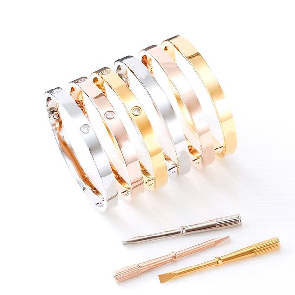 Gioielli di design Bracciale rigido a vite in acciaio inossidabile 316L in oro rosa con cacciavite e viti in pietra Braccialetti in argento per donna, uomo, anniversario, festa di nozze