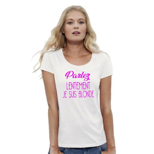 

womens t-shirt speak slowly i am blonde, White;black