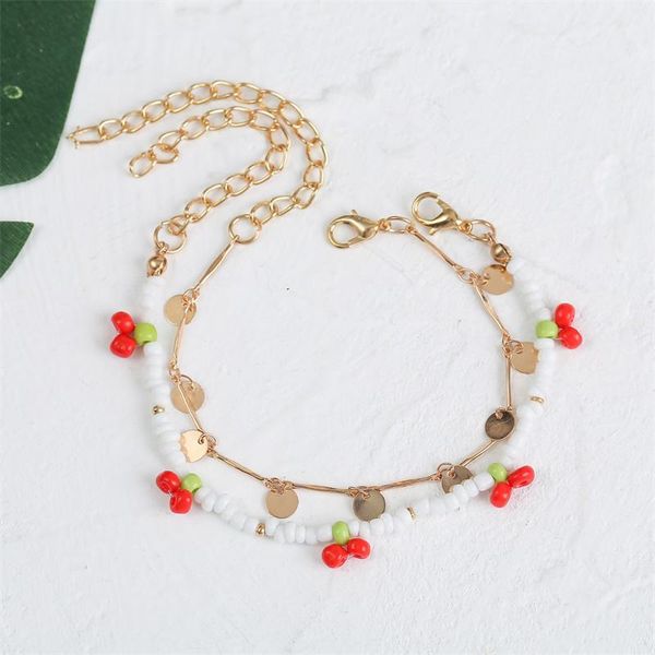 

link, chain 2 pcs/set cute handmade beaded white red glass beads weave cherry bracelets for women gold color metal iron sheet bracelet, Black
