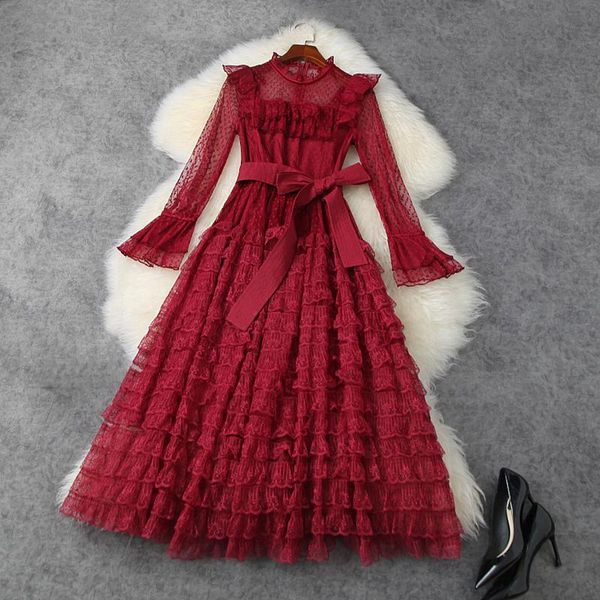 

casual dresses high street fashion spring 2021 runway dress women's ruffled flared sleeve lace, Black;gray