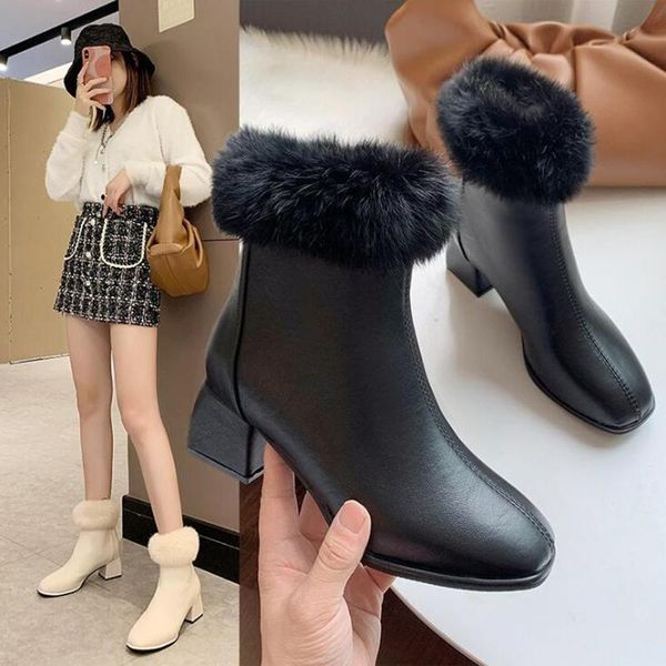 

boots ankle women shoes woman fashion high-heeled pu winter 2021 short fur warm d694, Black
