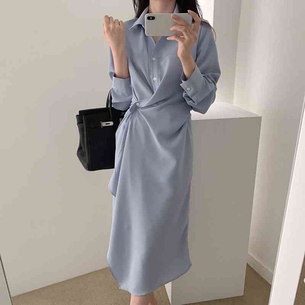 

women spring summer shirt dresses casual oversize buttons irregular korean elegant lady long 210429, Black;gray