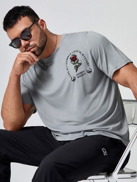 

extended sizes men floral & slogan graphic tee j8a2#, White;black