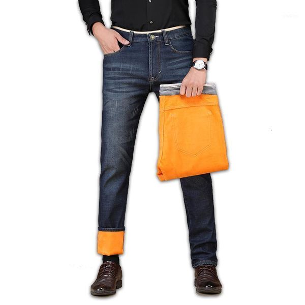 

men's jeans fashion winter black slim fit stretch thick velvet pants warm casual fleece trousers male plus size 35-38-401 i5w4, Blue