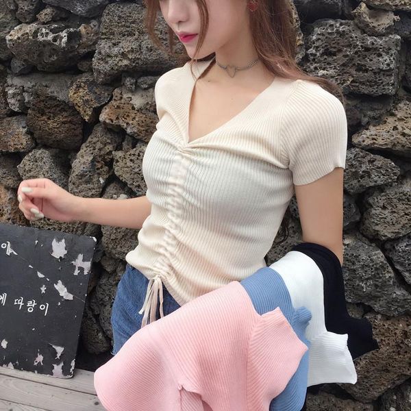 

v neck knitted short sleeve womens t shirt draw string crop girls knitting stretchy cropped sheath tee for female, White