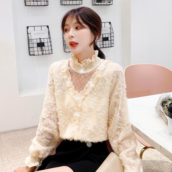 

women's blouses & shirts turtleneck autumn and winter clothing 2021 style fleece lace bottoming shirt long sleeves, White
