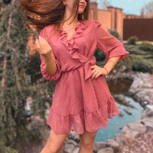 

vintage women elegant ruffles midi dress fashion ladies sweet flocking boho es party female cute girls chic 210430, Black;gray
