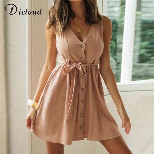 

pink summer tank dress linen v neck sleeveless sundress with waist tie mini beach a-line party female clothing, Black;gray