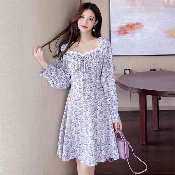 

fashion waist slimming square collar a-line long-sleeved floral chiffon dress spring casual women's mini skirt 210520, Black;gray