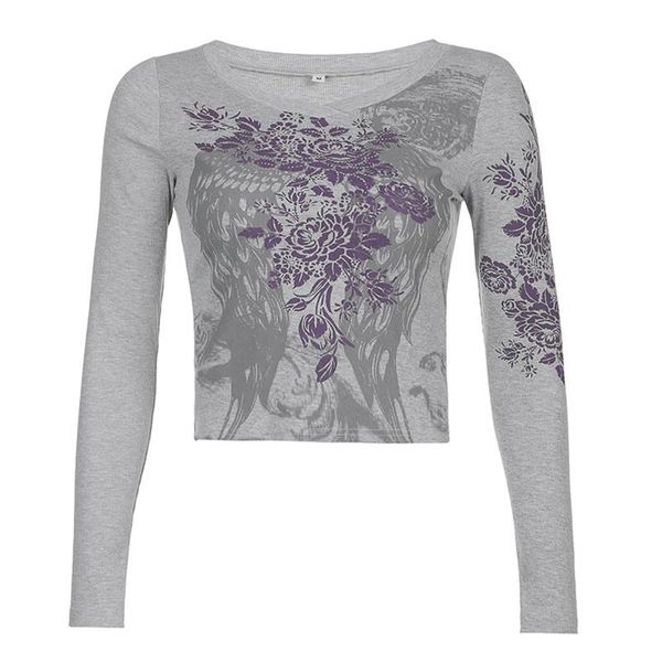 

women's t-shirt girls casual long sleeve vintage feather wing flower female printed round neck clothing, White