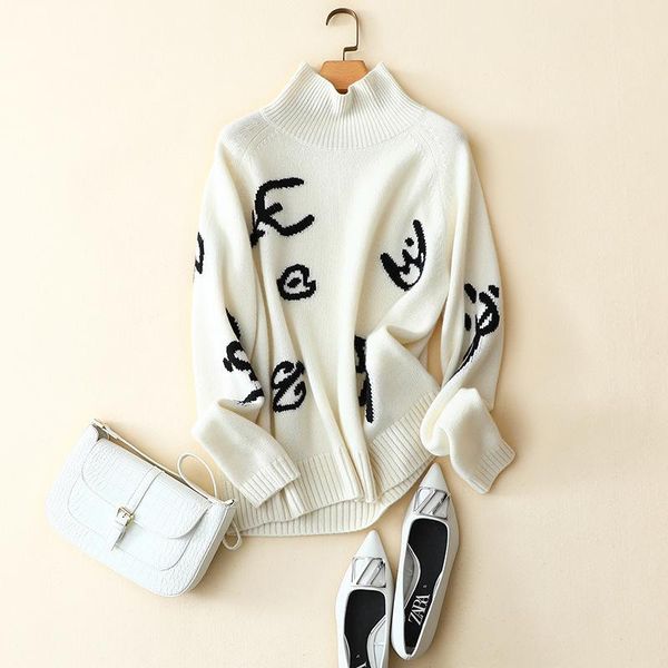 

geometric turtleneck year's sweater for women knit female white black fall winter 2021 items pullovers women's sweaters