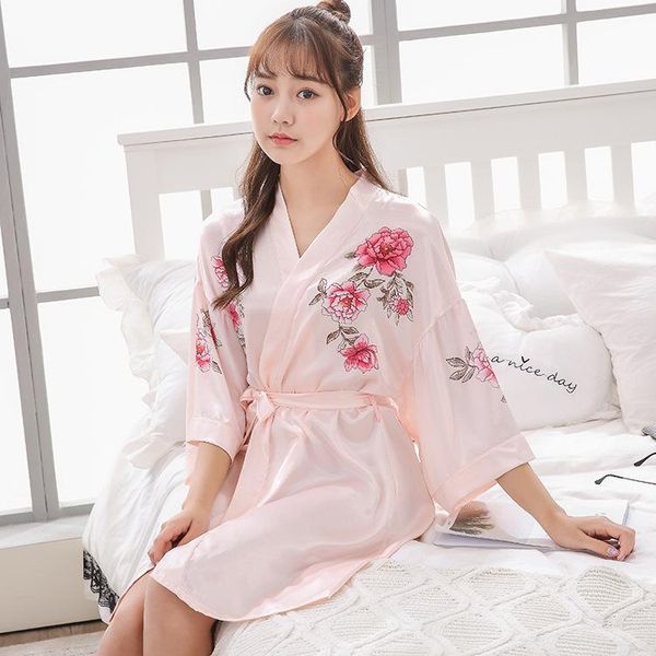 

spring and summer peony fashion printing pink nightgown women silky satin rayon comfortable loose women's sleepwear, Black;red
