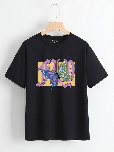 

butterfly and letter graphic tee e64b#, White