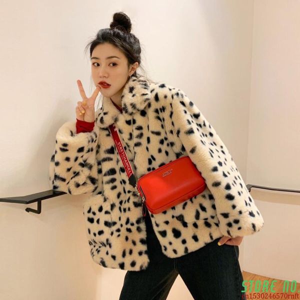

women's fur & faux plush jacket women winter short 2021 korean version of loose lamb wool leopard print coat, Black