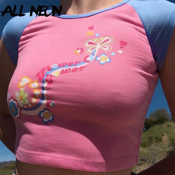 

90s e-girl y2k floral graphic print front patchwork pink t-shirts kawaii summer o-neck short sleeve vintage crop yoga outfit