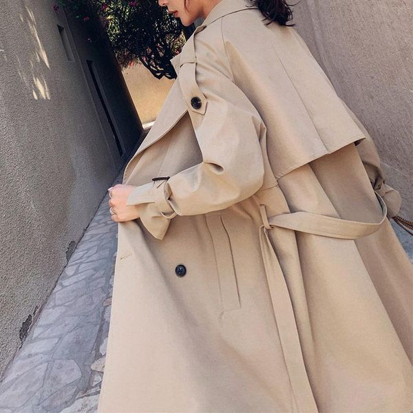 

women's trench coats double-layer lapel double-breasted casaco feminino patch khaki casual chaqueta mujer black slim windbreaker coat w, Tan;black