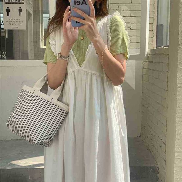 

green knitted slim casual femme chic + white lace a-line solid all match loose long dresses vestidos 210525, Black;gray