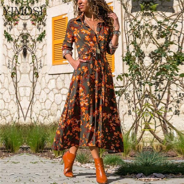 

women elegant long shirt dress 2021 autumn floral print sleeve split casual chiffon boho midi dresses, Black;gray