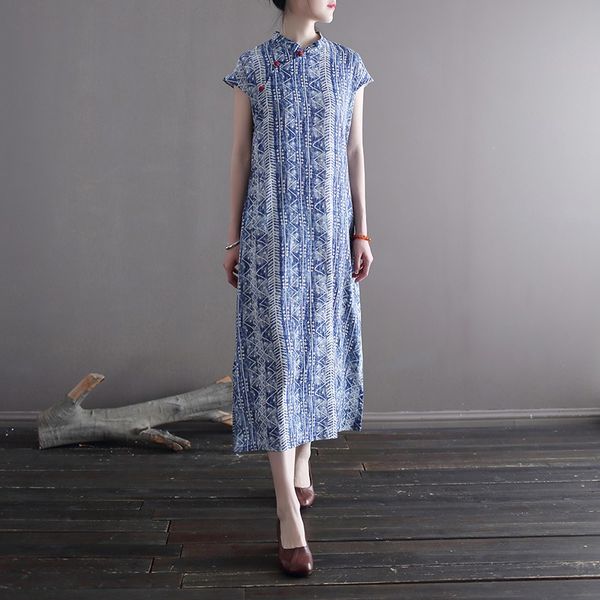 

cotton linen traditional chinese dress qipao summer cheongsam oriental dress vintage floral printed sundress vestidos 11765, Red