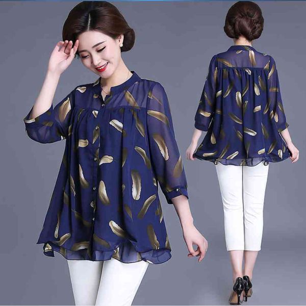 

2021 new summer middle aged women three quarter sleeve fashion chiffon blouse female flower print plus size 4xl shirt w20, White