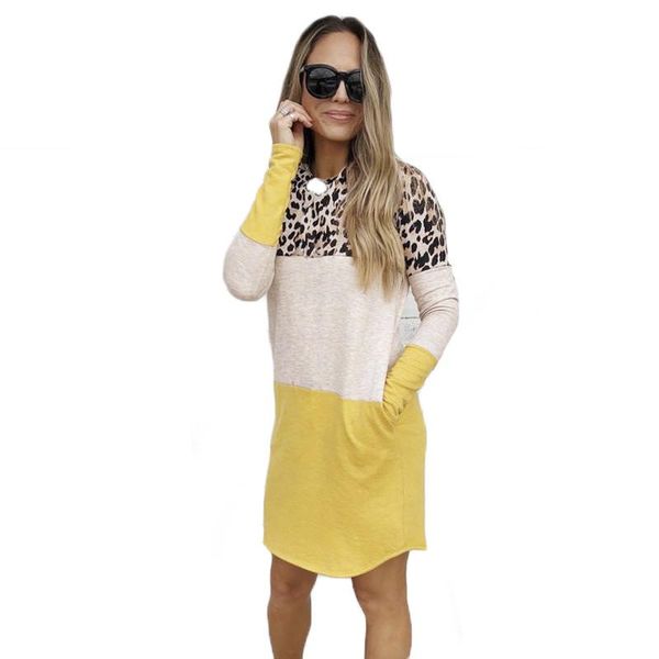 

patchwork women slim dress autumn fashion clothes 2021 casual leopard print long sleeve o neck lady pockes hooded vestidos femme dresses, Black;gray