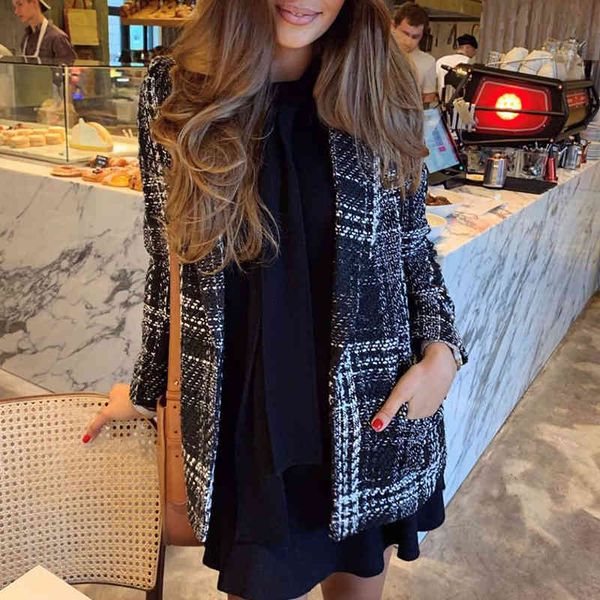 

plaid vintage wool blend coat women autumn winter black pockets slim knitted tweed coat ladies office business coat 210415