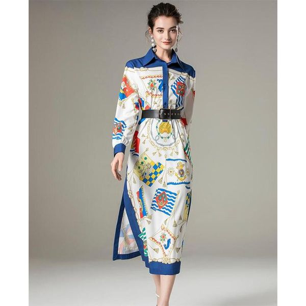 

casual dresses women shirt dress 2021 runway spring summer turn down collar long sleeves print side split vestidos, Black;gray