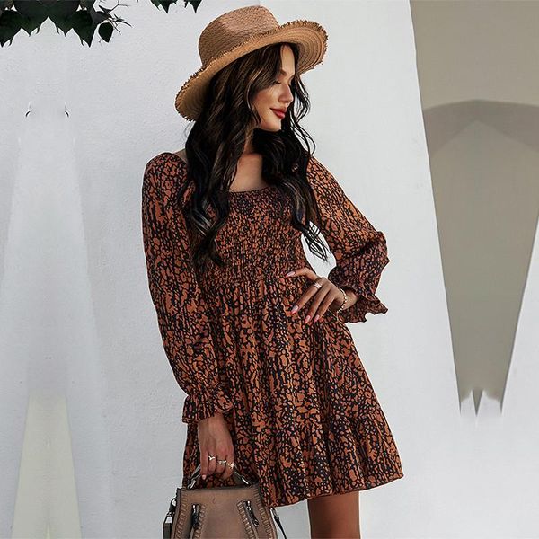 

casual dresses fashion butterfly sleeve print dress women high waist slim spring summer square collar, Black;gray