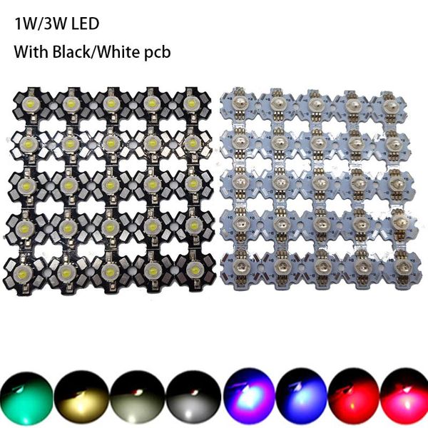 Perline luminose 100pcs 1W 3W Diodi LED ad alta potenza Bianco caldo freddo RGB UV 395nm Rosso intenso Verde Blu reale 450nm 660nm Rosa con circuito stampato a stella da 20 mm