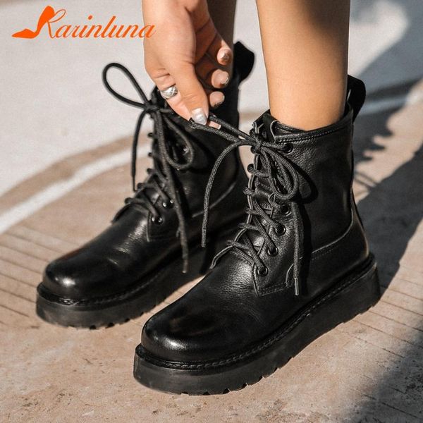 

boots karin cow leather female ankle autumn real lace-up square thick heels platform, Black