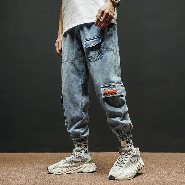 

fashion streetwear men's brem loose set multi-pocket denim cargo light blue designer hip pants brim jatl