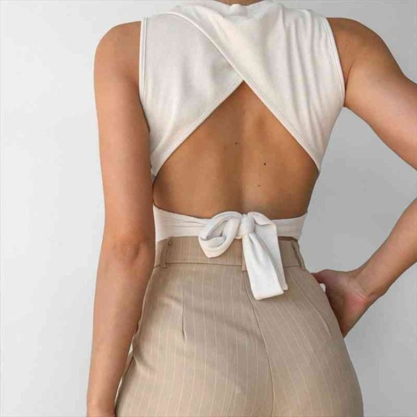 

backless crop summer o neck ribbed streetwear back bandage knitted slim tank criss cross top, White