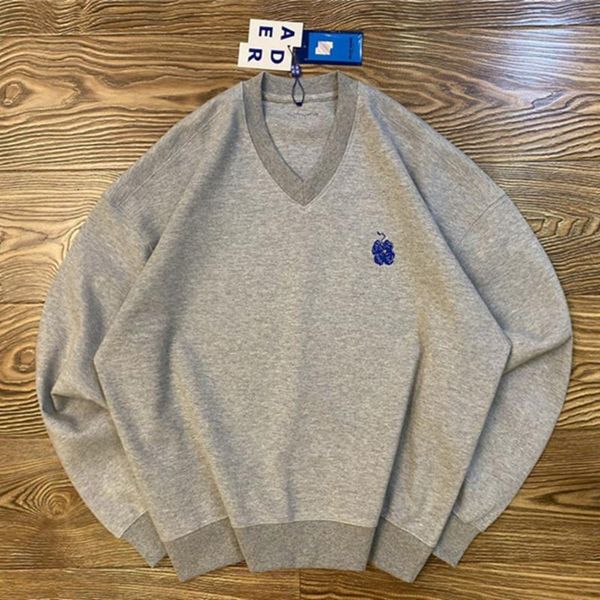 

spring v-neck adererror sweatshirts men women streetwear embroidery flowers ader error crewneck hoodie men's hoodies &, Black