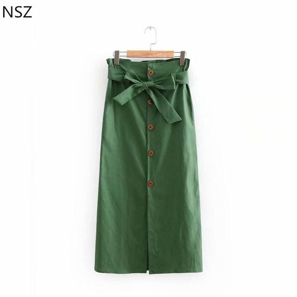 

skirts nsz women cotton linen midi skirt high waist bow belt green, Black