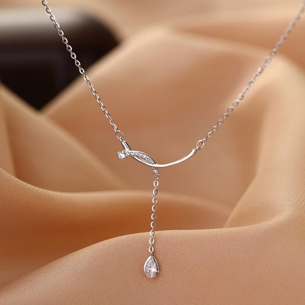 

chains enshir 925 sterling silver zircon water drop tassel chain necklace female simple geometric jewelry